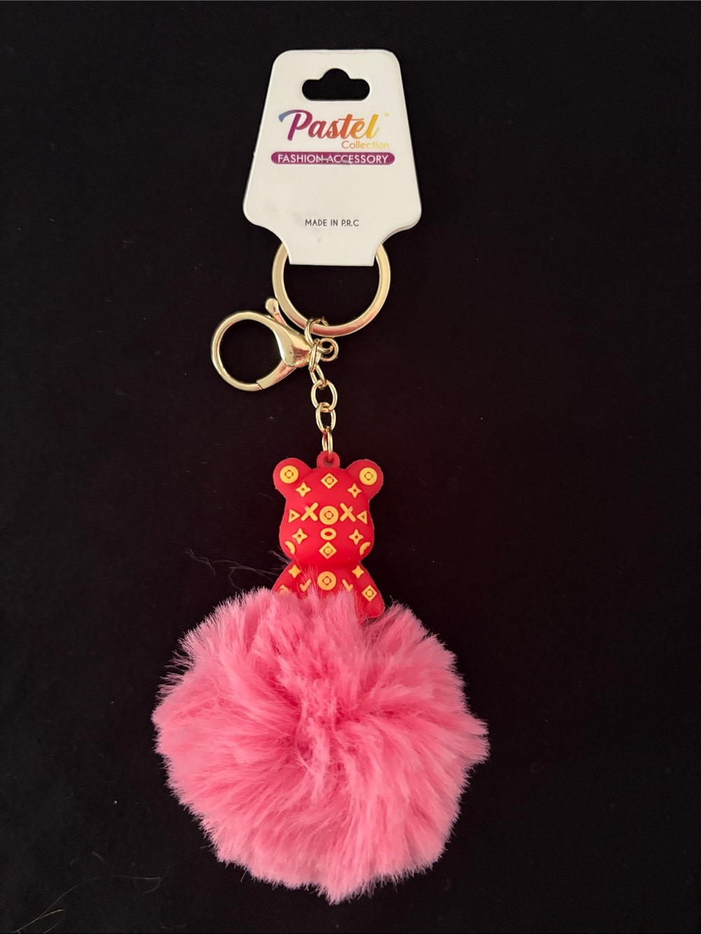 Pink Pom Pom Red Bear Keychain Bag Charm with Gold Hardware
